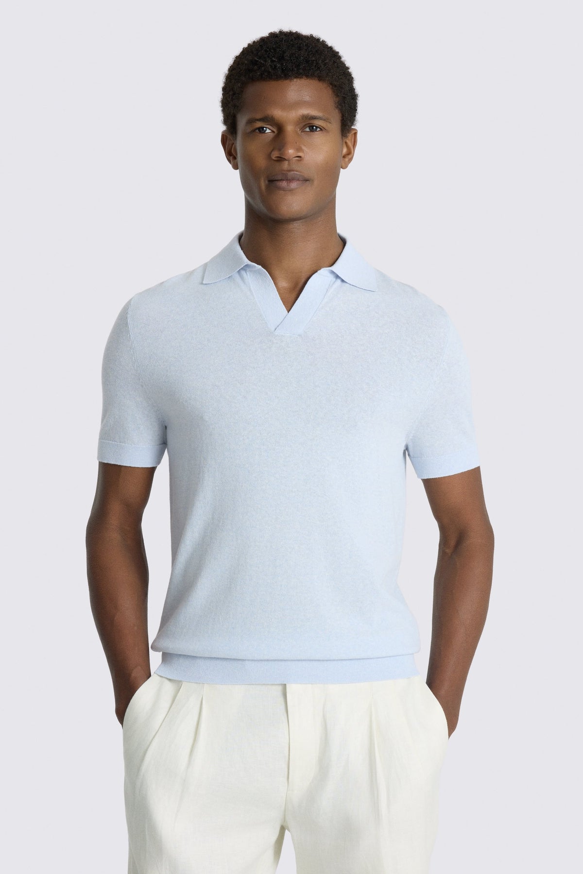 Light Blue Linen-blend Skipper Polo Shirt