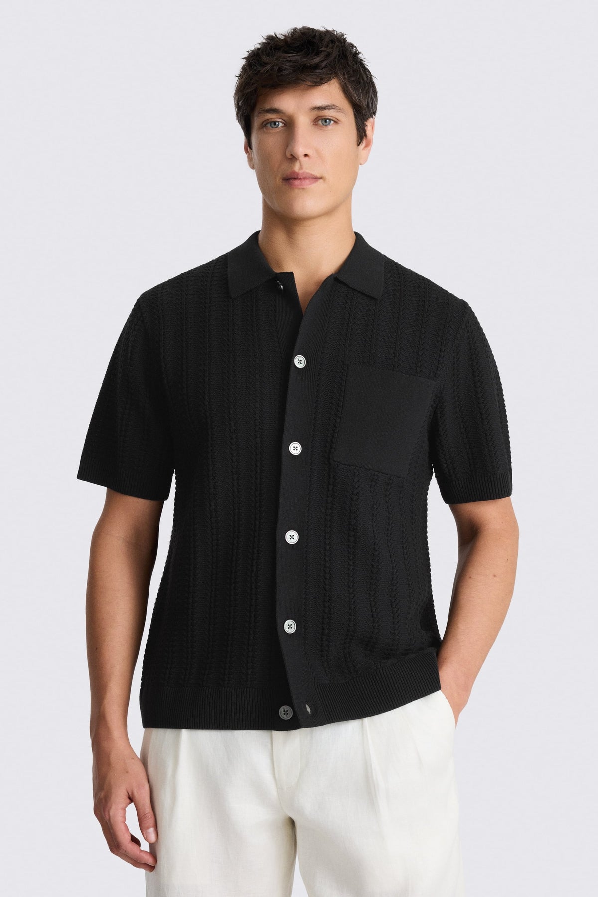 Black Chevron Pointelle Cotton-blend Knitted Shirt