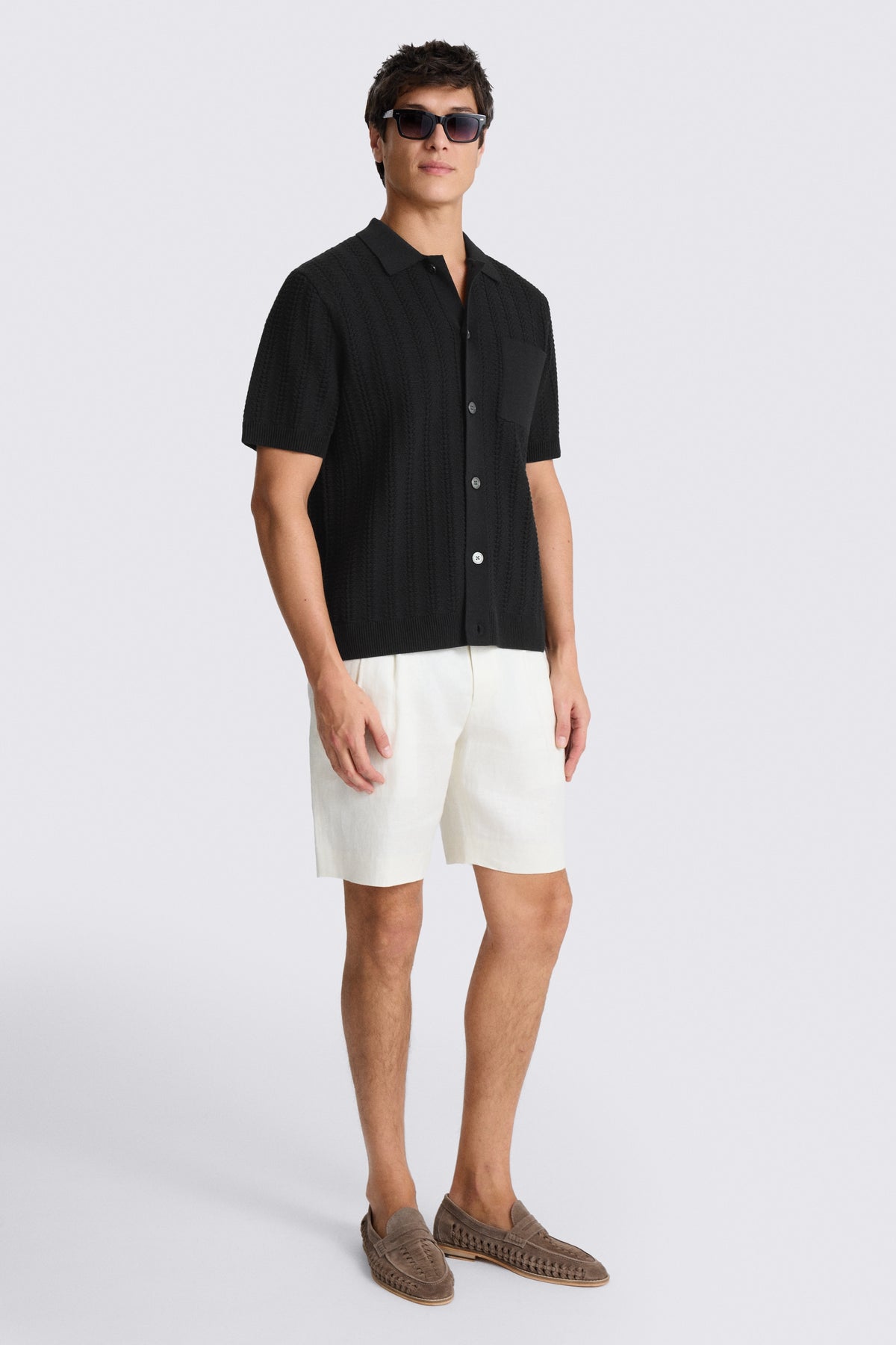 Black Chevron Pointelle Cotton-blend Knitted Shirt