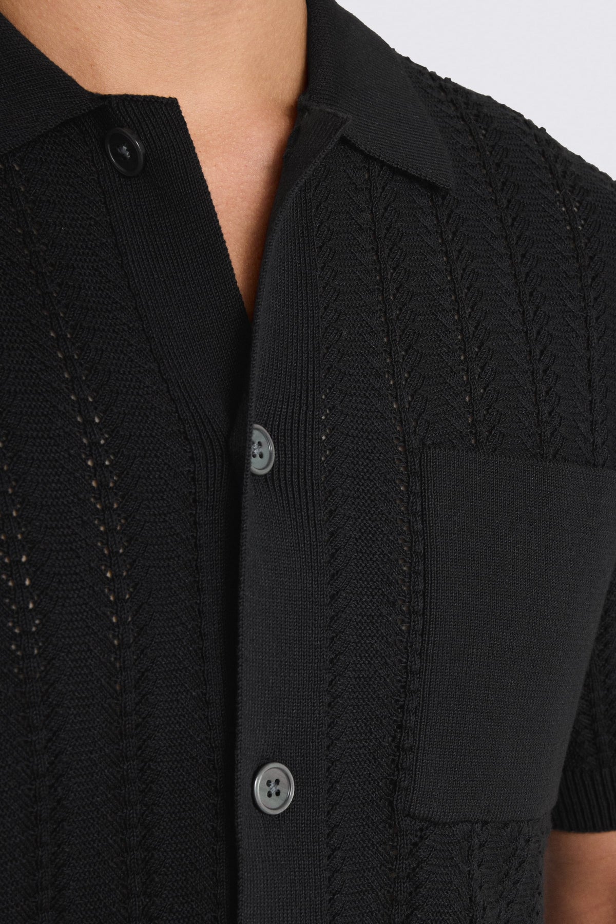 Black Chevron Pointelle Cotton-blend Knitted Shirt