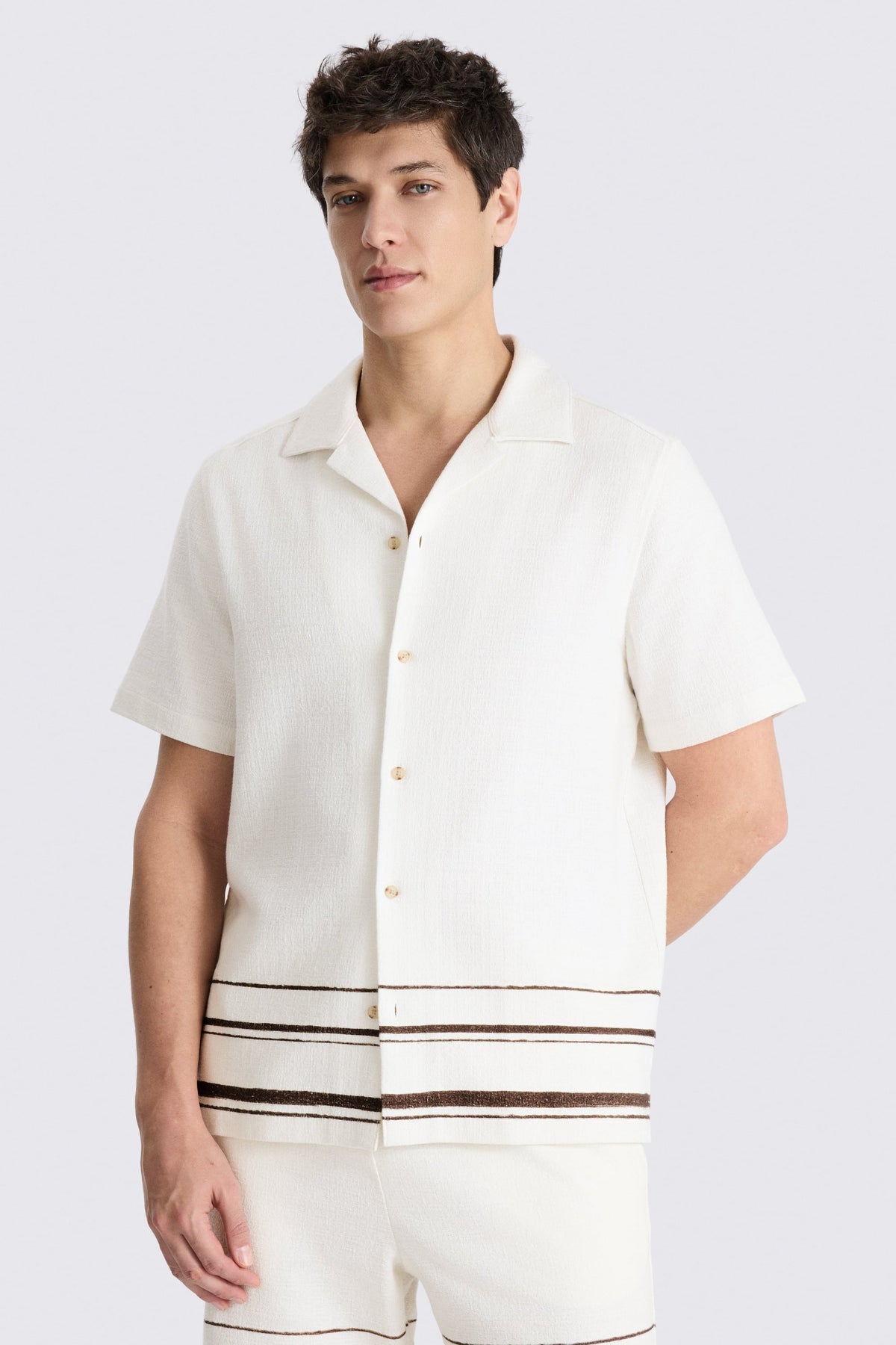 Brown Stripe Cotton Cuban Collar Shirt
