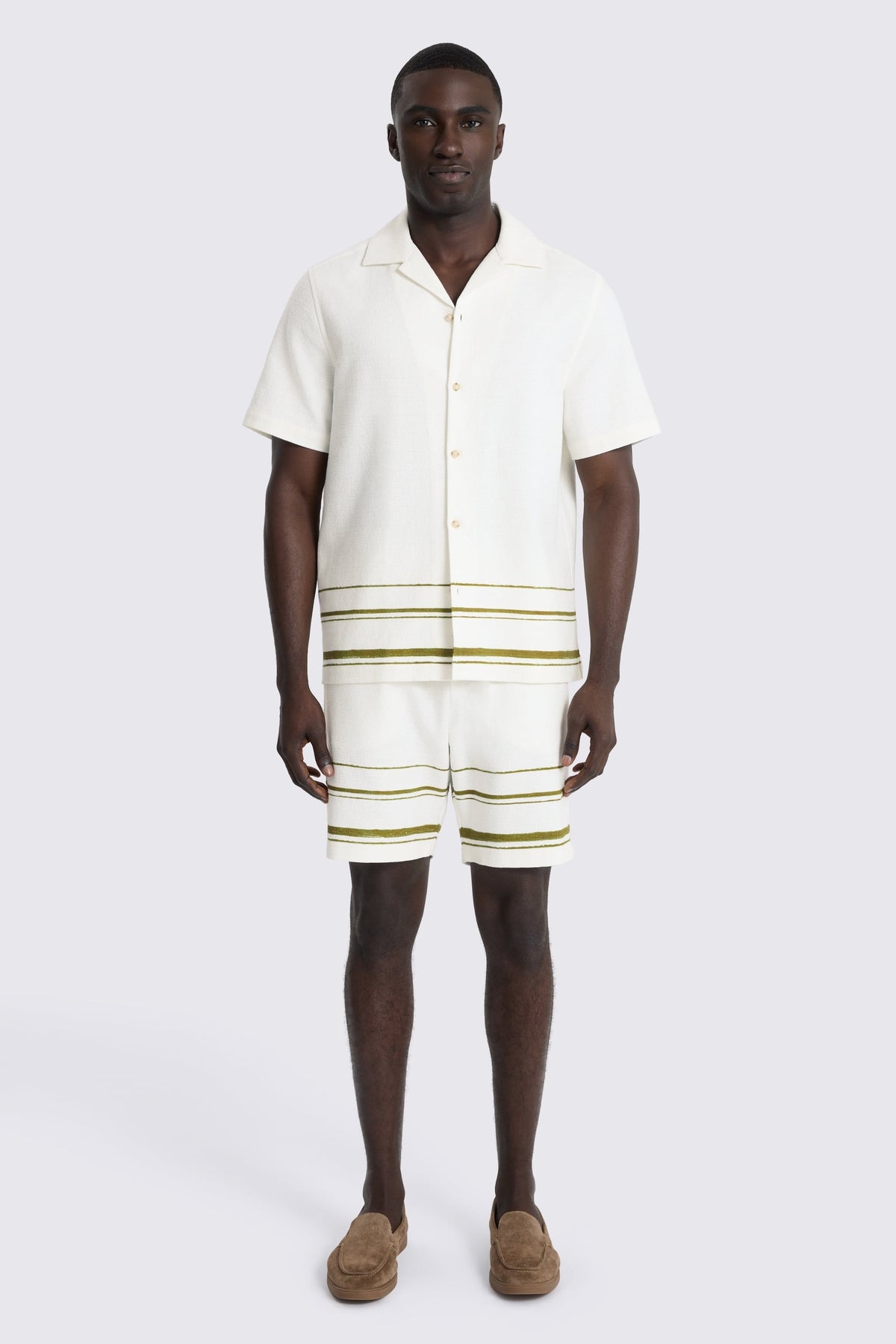 Olive Stripe Cotton Cuban Collar Shirt