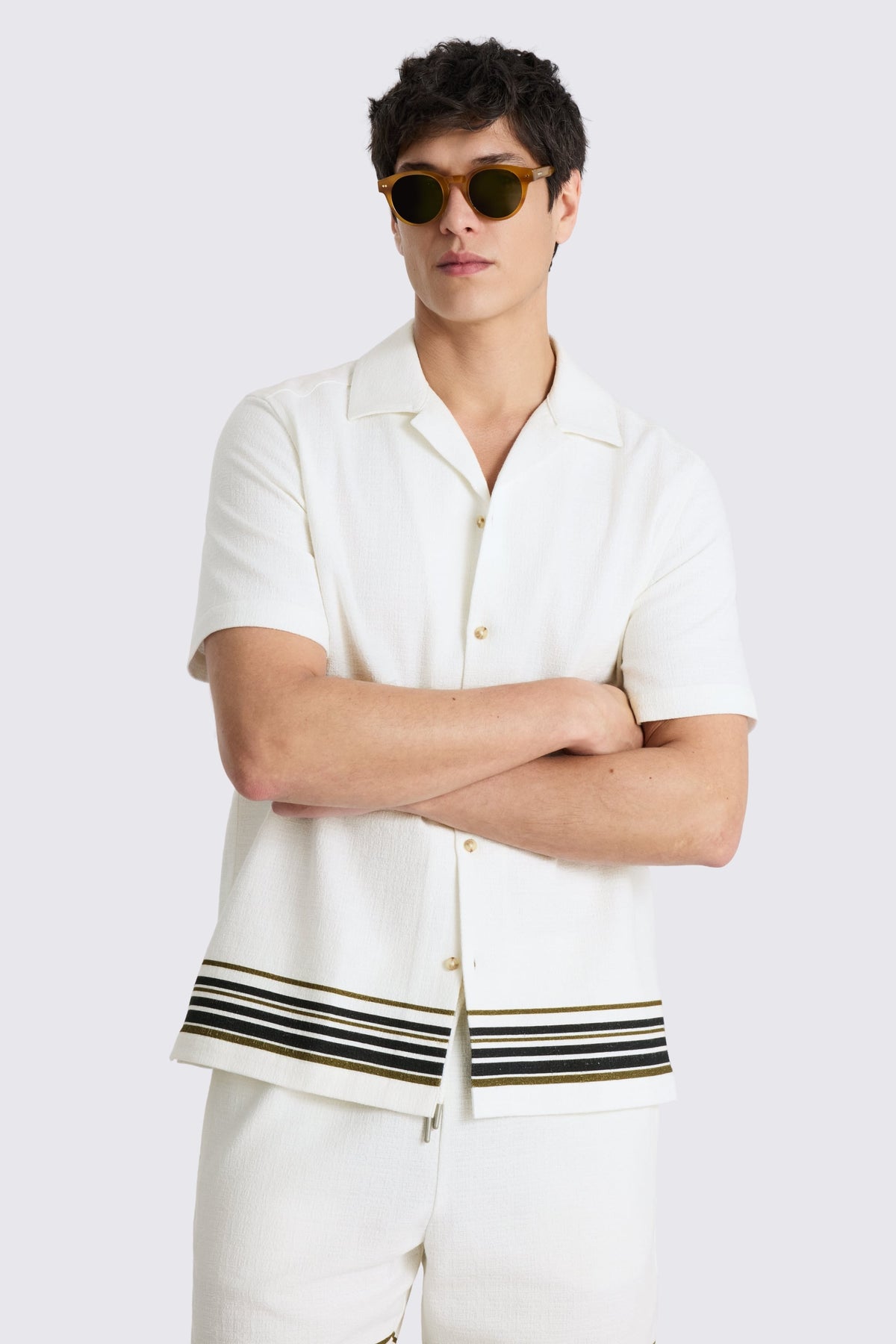 Navy & Khaki Stripe Cotton Cuban Collar Shirt