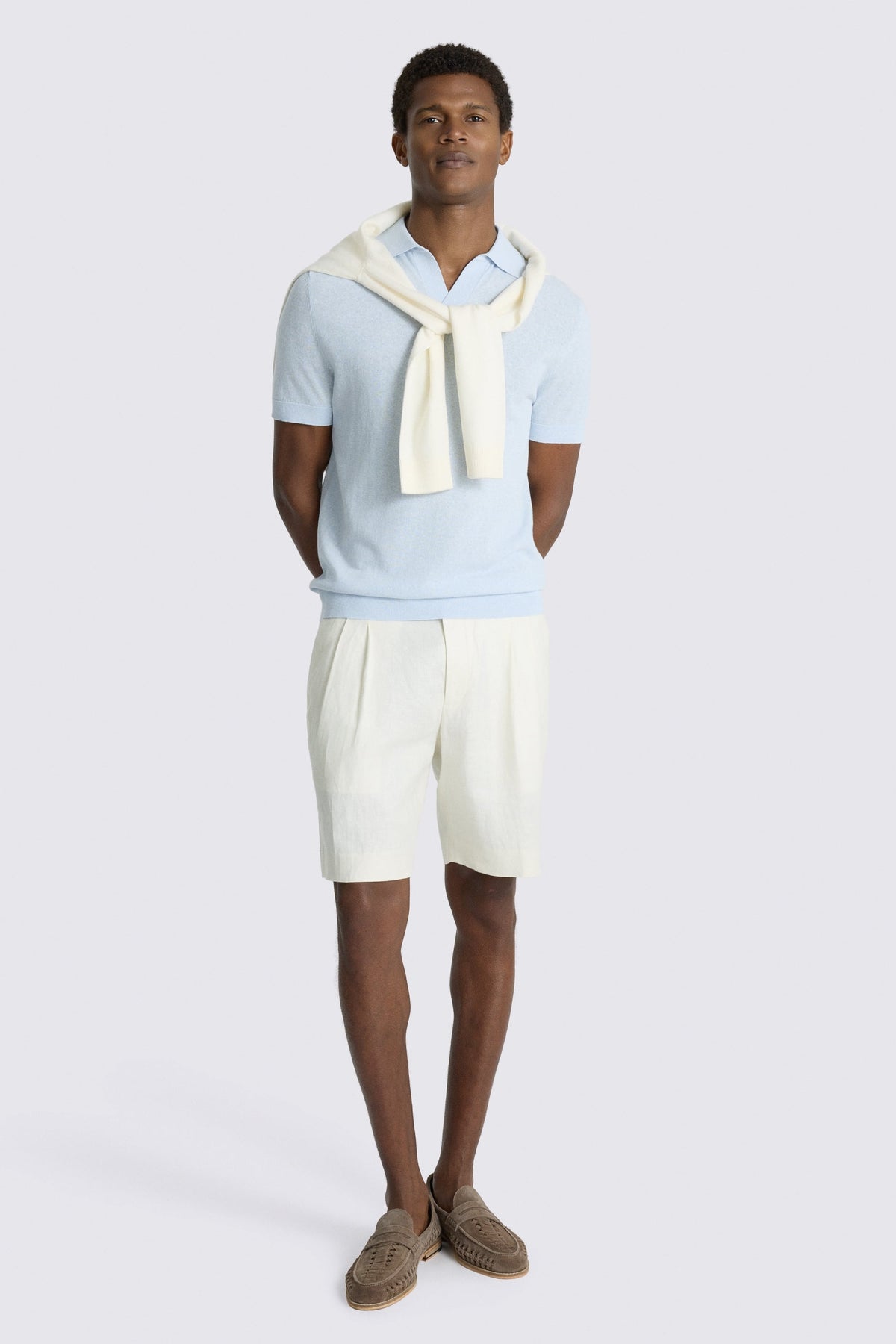 Light Blue Linen-blend Skipper Polo Shirt