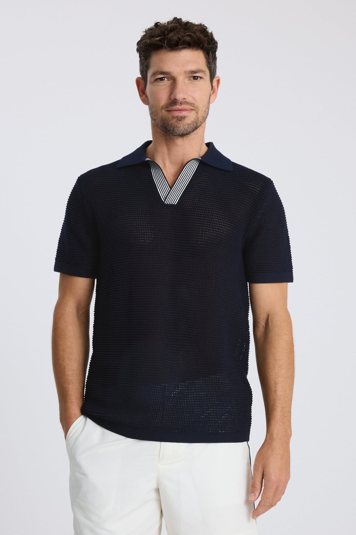 Short Sleeve Navy Open Knit Skipper Polo Shirt
